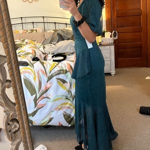 Floret Studios one shoulder dress with puff cap sleeve. Worn once to wedding.